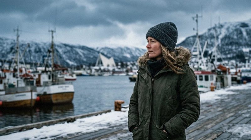 Marte Kristoffersen, travel writer based in Tromsø, in a winter coat on the harbour where Tromso Northern Lights tours meet, Troms, Norway